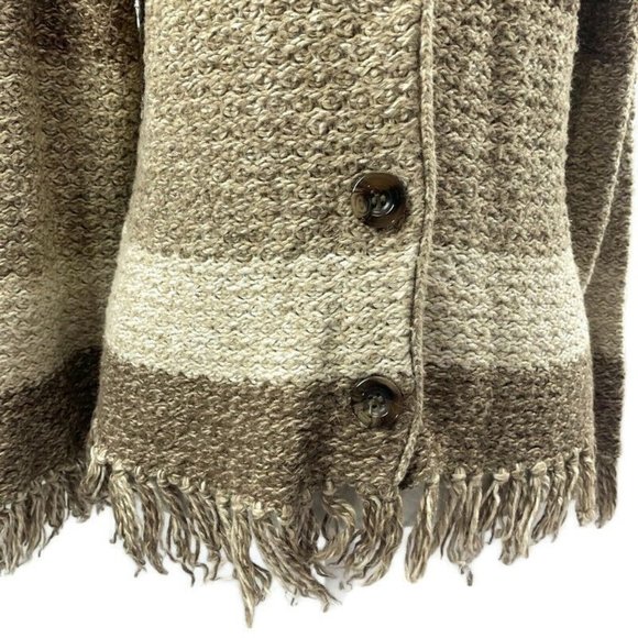 Color Block Turned Down Collar Fringed Cardigan Sweater Button Front Tan Brown S - Picture 3 of 8